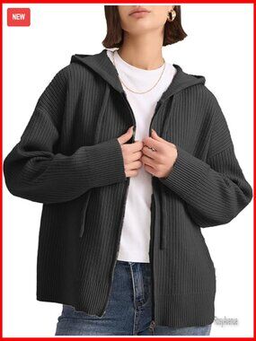 Zip Up Hoodie Cardigan Sweater Chunky Knit Long Sleeve Drawstring Oversized